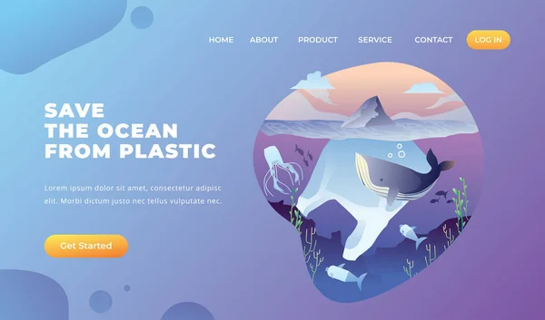 Salva Oceano Dalla Plastica Pagina Atterraggio Vettoriale — Vettoriale Stock