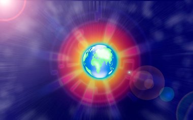 Dünyamızın verilerini analiz ederek kırmızı turuncu sarıdan yeşil maviye çevirme fikri. Cyan parıltısı ve Dünya 'dan gelen ışınlar. -