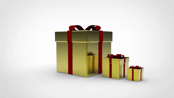 3 cajas de regalo de oro - Cinta roja — Foto de Stock