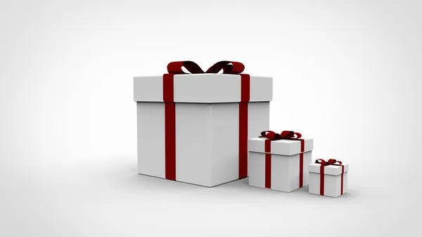 3 cajas de regalo blancas - Cinta roja — Foto de Stock