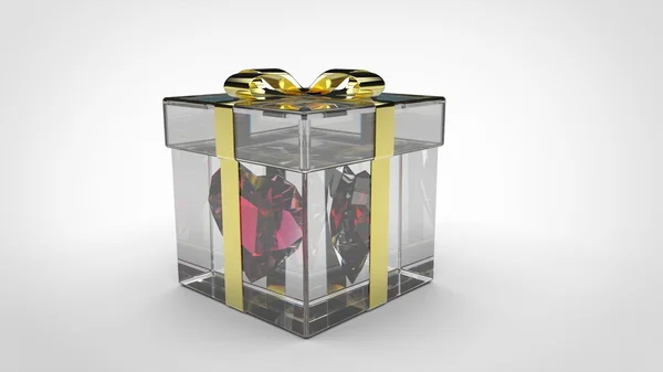 透明なギフト ボックス - ハート ゴールド リボン内のルビー — ストック写真