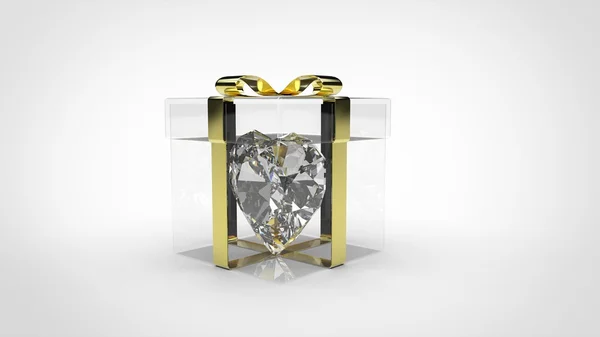 Transparent Gift Box - Heart shaped Diamond inside - Gold ribbon — Stock Photo, Image