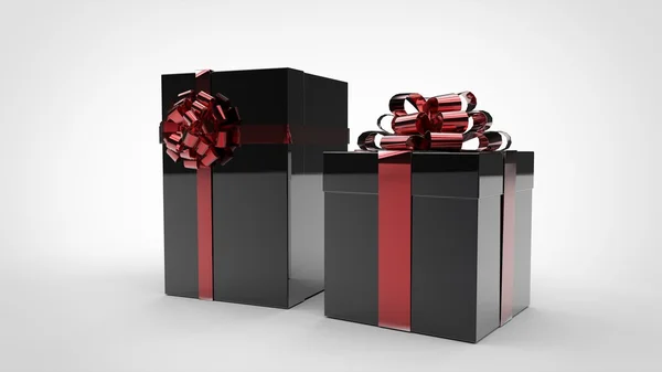 Ajándék dobozok - fekete - piros szalag — Stock Fotó