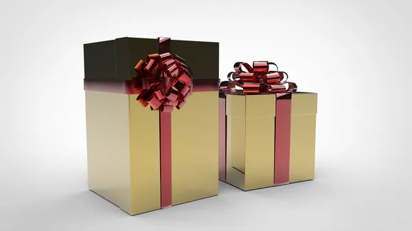 Ajándék dobozok - arany - piros szalag — Stock Fotó