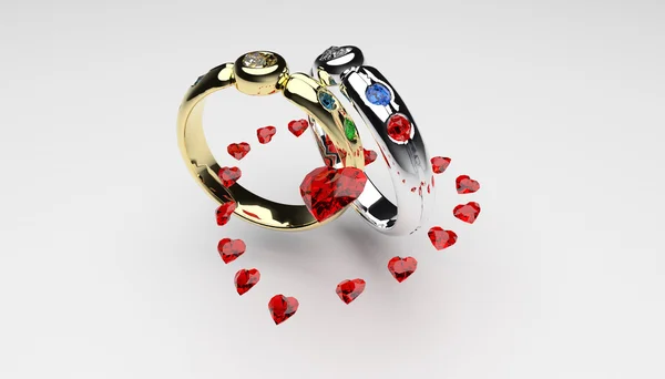 2 Rings - Heart Ruby - White Background — Stock Photo, Image