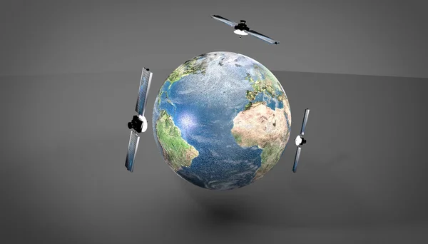 Tierra y 3 satélites en órbita - Ángulo 2 —  Fotos de Stock