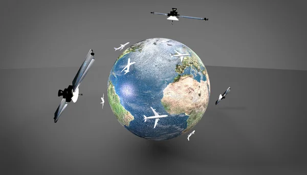 Země - orbitting satelity - letadla — Stock fotografie
