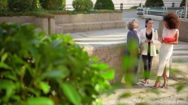 Üç çalışan birbiriyle konuşuyor, ön planda ağaç yaprakları var.