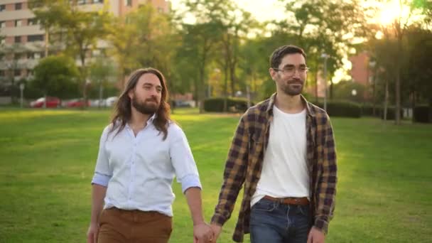 Couple gay marchant dans un parc au coucher du soleil. — Video