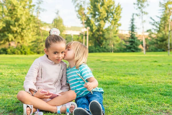 Boy sitting on grass giving his little sister a kiss — Zdjęcie stockowe