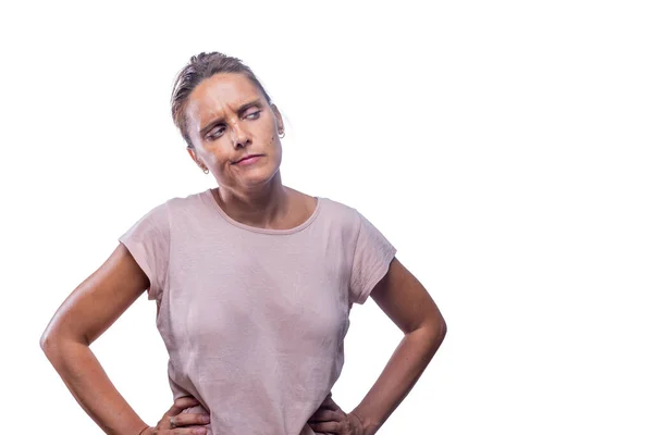 A suspicious adult woman looking to a side — Stock Photo, Image