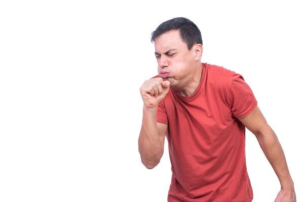 Male model demonstrating cough on white background