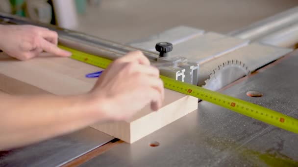 Carpentiere irriconoscibile che sega assi di legno in officina — Video Stock