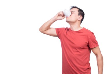 Guy drinking coffee from cup on white background