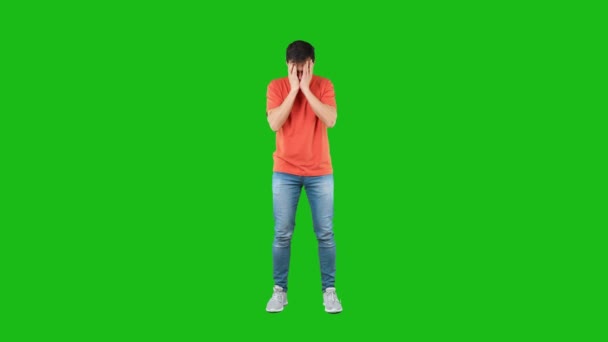 Man suffering from heavy headache. Green background — Stock Video