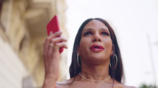 Smiling Transgender Woman Talking Mobile — Vídeo de Stock