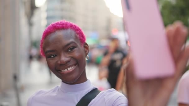 African Woman Grimacing Joking While Taking Selfie City Street — Video