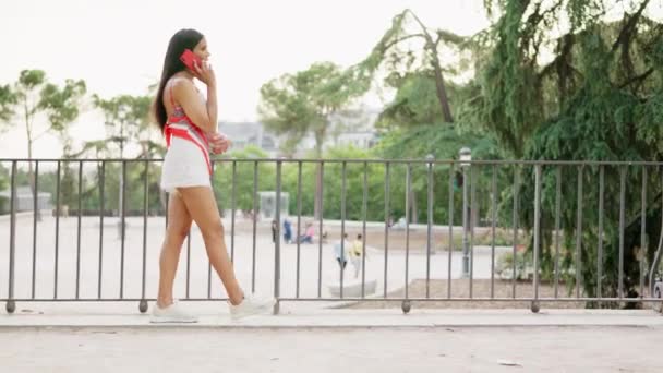 Transgender Woman Talking Mobile Walking — Stok video