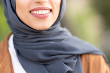 Cropped image with selective focus of the smile of a muslim woman in hijab in a park