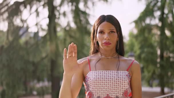 Transgender Woman Gesturing While Extending Hand Stop Sign Serious Face — Stok video