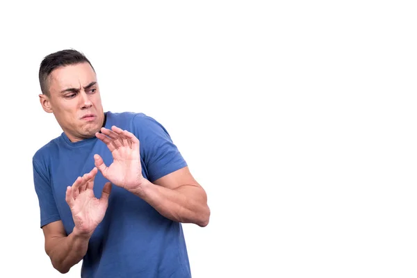 Studio Portrait White Background Man Protecting Himself His Hands Gesturising — Stock Photo, Image