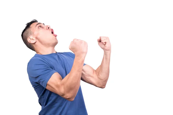 Foto Del Estudio Hombre Feliz Gritando Levantando Los Brazos Para — Foto de Stock