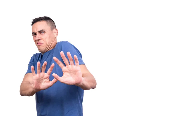 Studio Portrait Copy Space Man Rejecting Something White Background — Stock Photo, Image