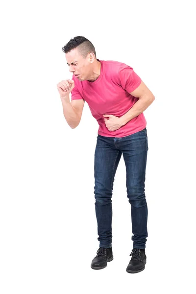 Full Body Ill Male Pink Shirt Jeans Touching Stomach Coughing — Stock Photo, Image