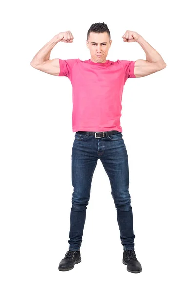 Corpo Inteiro Jovem Auto Assegurada Modelo Masculino Muscular Camiseta Rosa — Fotografia de Stock