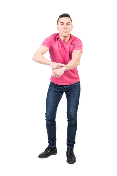 Full Body Male Model Casual Wear Pointing Wrist Accusing Being — Stock Photo, Image
