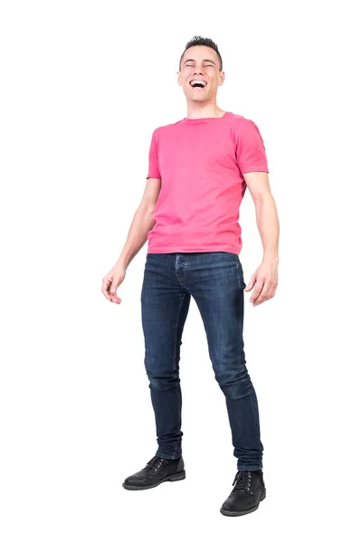 Celé Tělo Veselý Mužský Model Ležérní Oblečení Smějící Legrační Příběh — Stock fotografie