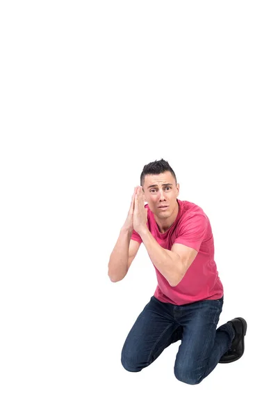 Full Body Helpless Male Sitting Knees Begging Help White Background — Stock Photo, Image