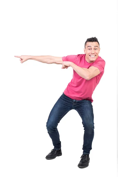 Full Body Joyful Male Model Pointing Aside Looking Camera Toothy — Stock Photo, Image