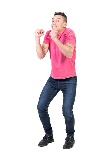 Full Body Content Male Model Clenched Fists Looking Camera Isolated — Stock Photo, Image