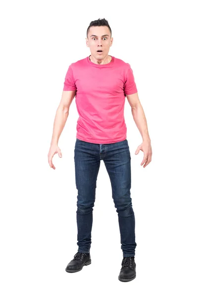 Full Body Surprised Male Casual Wear Looking Camera Opened Mouth — Stock Photo, Image