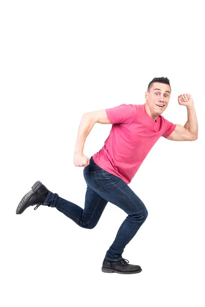 Full Body Active Male Casual Clothes Running Away Looking Camera — Stock Photo, Image