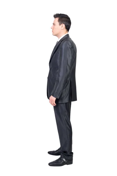 Vista Lateral Jovem Empresário Concentrado Com Cabelo Escuro Terno Elegante — Fotografia de Stock