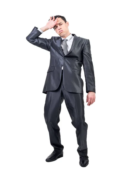 Cuerpo Completo Hombre Exhausto Traje Formal Limpiando Sudor Frente Mirando — Foto de Stock