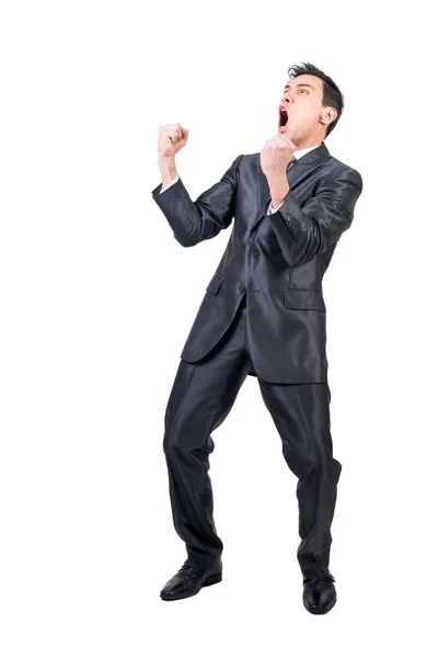 Full Body Gleeful Male Formal Suit Screaming Clenched Fists While — Stock Photo, Image