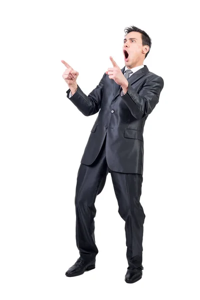 Full Body Successful Male Formal Suit Screaming Excitement Pointing Isolated — Stock Photo, Image