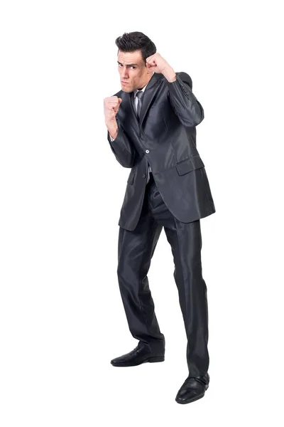 Confident Male Entrepreneur Classy Suit Standing Clenched Fists Pretending Being — Stock Photo, Image