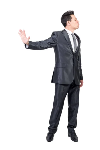 Funny Male Entrepreneur Suit Showing Stop Gesture Expressing Anger White — Stock Photo, Image