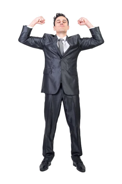 Cuerpo Completo Empresario Masculino Cómico Traje Formal Mostrando Bíceps Demostrando — Foto de Stock