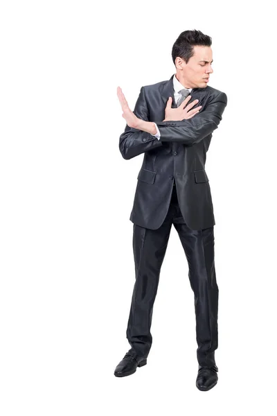 Full Body Male Entrepreneur Suit Hurt Feelings Touching Chest Showing — Stock Photo, Image