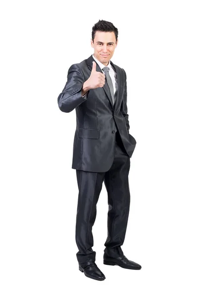 Full Length Positive Male Entrepreneur Formal Suit Showing Thumb Looking — Stok Foto
