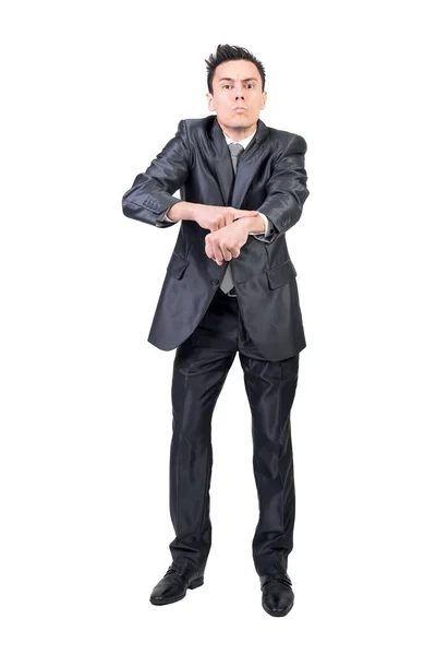 Full Body Strict Male Boss Suit Pointing Wrist Showing Being — Stock Photo, Image