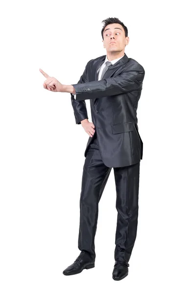 Full Body Expressive Male Entrepreneur Formal Suit Showing Gesture While — Stock Photo, Image