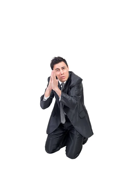 Full Body Unhappy Male Formal Suit Knelling Floor Supplicating Prayer — Stock Photo, Image