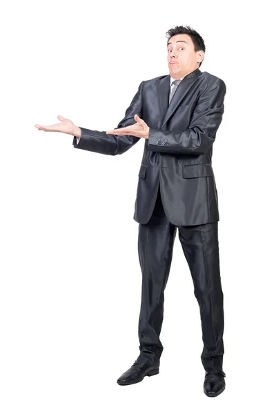 Full Body Amazed Male Formal Suit Pointing Aside Hands While — Stock Photo, Image