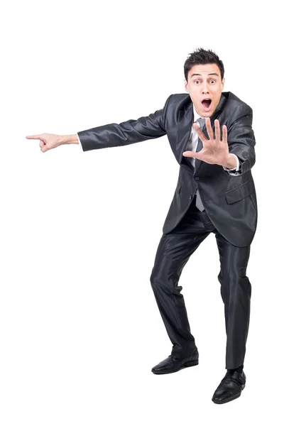 Full Body Amazed Male Formal Suit Pointing Aside Outstretched Arm — Stock Photo, Image